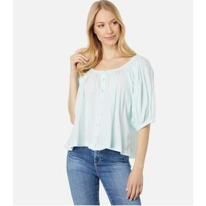 Sundry Cotton Lawn Scoop Neck Puff Sleeve Button Up Mint Peasant Blouse 2 fits M